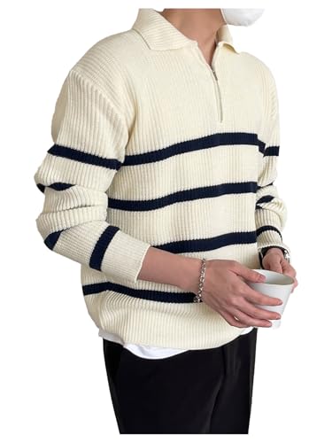 Verdusa Men's Old Money Striped Quarter Zip Pullover Drop Shoulder Collared Knit Sweater
