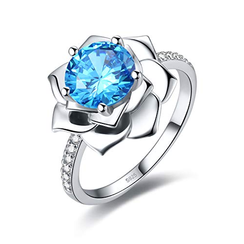 3CT 925 Sterling Silver Lotus Engagement Rings Solitaire Simulated Blue Topaz Blossom Flower Promide Rings for Her Wedding Bands for Women