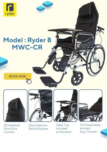 Image of Karma Hydraulic Recliner Cum Commode - Ryder 8 wheelchair | Foldable | Wheelchairs for old people | With Premium U-Cut Seat and 3 D Headset| With Table | Detachable Armrest