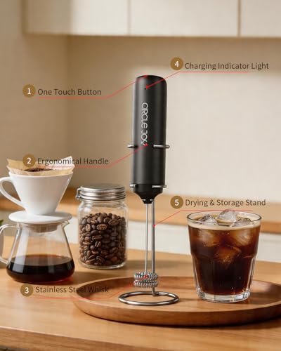 Image of CIRCLE JOY Rechargeable Milk Frother Hanheld with Stand, Dual Coil Whisk Head Electric Coffee Frother, Portable Hand Frother Wand Drink Mixer for Matcha Lattes Cappuccino, Kitchen Gifts, Black