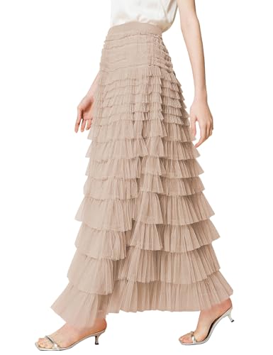 Women's Tulle Maxi Skirt High Waist Elastic Tiered Ruffle A-Line Flowy Party Wedding Guest Skirts...