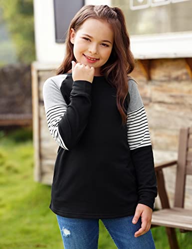 Image of SELINK Girls Big Kids Long Sleeve Striped Color Block Pocket Tees | Casual Loose Fit With Side Pockets,Soft Stretch Polyester Blend For Big Girls Daily&Back To School Wear
