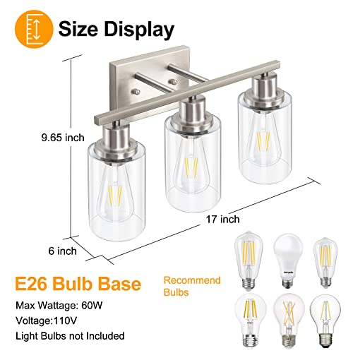 Watyo 3-Light Bathroom Vanity Light Fixtures, Brushed Nickel Wall Sconce Lighting Modern Wall Light With Clear Glass Shade, Porch Wall Lamp Mounted Lights Over Mirror For Living Room, Bedroom, Hallway #TOP4