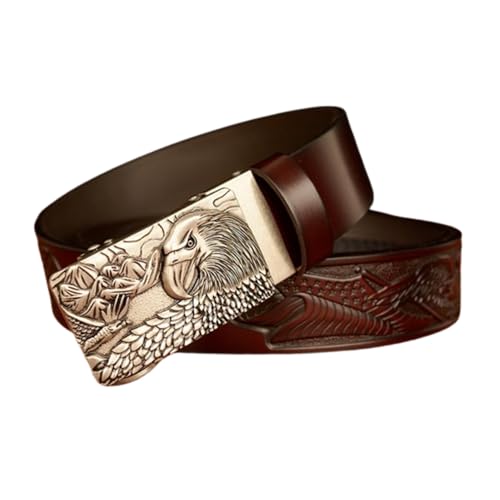 Men's Handmade Eagle Embossed Belt - 3D Silver Automatic Ratchet Buckle Holeless Cowboy Jeans Belt