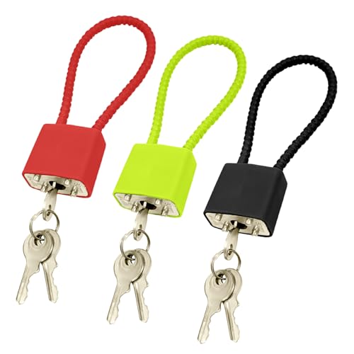 3 PCS Padlocks with Keys and Steel Rope Heavy Duty Padlock Lock for Outside Wheelie Bin Suitcase School Gate Bicycle Gym Cabinets Small Cable Padlock Black Red Green