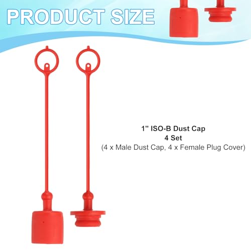 Image of PATIKIL 1 inch ISO-B Hydraulic Coupler Male Dust Cap and Female Plug Cover, Set of 4 Rubber Quick Disconnects Port Plug Cover Fittings Red Cap with Retention Ring