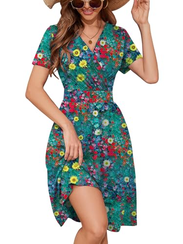 Image of Heymoments Womens Summer Short Sleeve Casual Dresses V-Neck Beach Dress with Pockets S-2XL