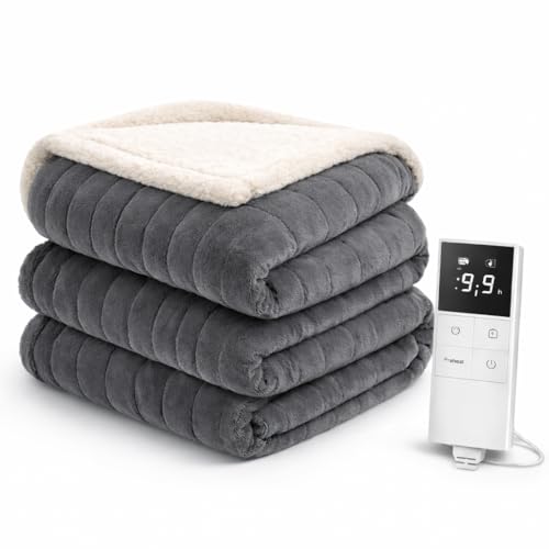 LEVSON Electric Blanket 160 x 120cm Heated Throw with 9 Heat Settings Memory Function 1-9H Timer 80W Fast Heating Auto Temp Control Auto Shut Off Overheat Protection (Grey 160 * 120cm)