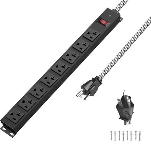 20 Amp Power Strip Heavy Duty, 12 Gauge Extension Cord for Appliance Workbench Garage Industrial, Metal 8 Outlets Combine with T-Plug Adapter 5-20R T-Slot, 1200J Surge Protector