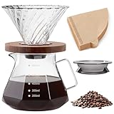 FGIUKC コーヒーサーバー 耐熱ガラス 木製ホルダー コーヒードリッパー 600ml 目盛付き 2~4人用 コーヒー ドリップ 器具 電子レンジ可 V60 ドリッパー ハンドドリップコーヒーサーバー コーヒードリップセット コーヒーカラフェセット 喫茶店 カフェ