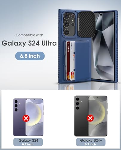 Image of Vihibii PC + Silicone For Galaxy S24 Ultra Back Cover With Card Holder(4 Cards)&Kickstand&Camera Lens Cover,Military Grade Protection Rugged Shockproof Phone Case For Samsung S24 Ultra 6.8 inch,Blue