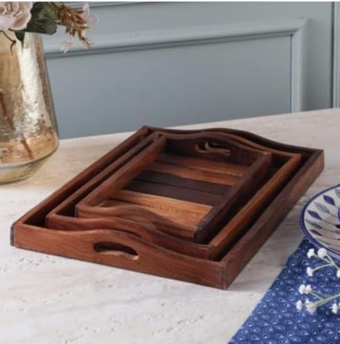 Image of BalladCraft Wooden Serving Tray Set, Set of 3, Handcrafted from Saharanpur, Dark Brown (Round Handle)