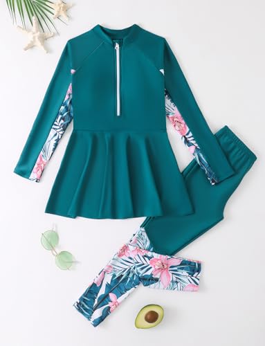 Panegy Girls' 2 Piece Swimsuit Set Long Sleeve Long Pants Rashguard Set Sun Protection Swimdress 5-11 Years3