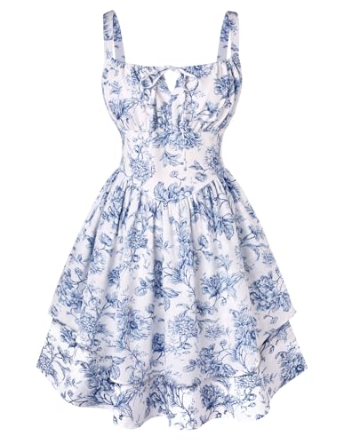 Image of Scarlet Darkness Floral Mini Corset Dress Women Teens Sundress with Pockets | Floral mini dress with adjustable straps, square neck, smocked back, left hidden zip, side pockets, flowy dual-layer hem