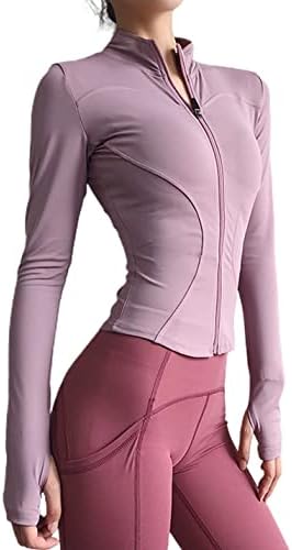 Hvewarm Women's Cropped Athletic Bbl Jacket Seamless High Low Hem Zipper Thumbhole Workout Sportwear(PinkPurple-XS)