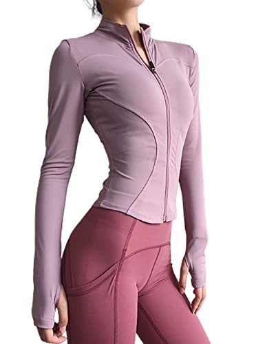 Hvewarm Women's Cropped Athletic Bbl Jacket Seamless High Low Hem Zipper Thumbhole Workout Sportwear(Pinkpurple-Xs) #TOP2