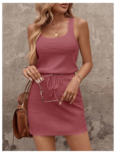Image of RoseSeek Women's Waffle Knit Belted Tank A Line High Waisted Dresses Square Neck Sleeveless Summer Short Dress