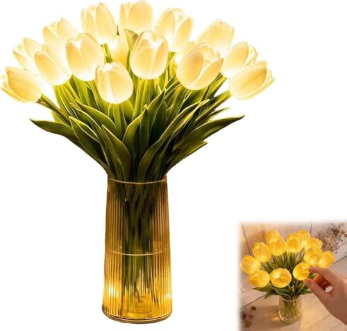 Lumoza Twinkling Tree Tulips with a Vase 15 Pcs Radiant Romantic Tulip Light 2026 New Led Night Light that Never Fade Flower Shaped Ambient Night Lamp for Bedroom Bedside Decor & Gift (White)