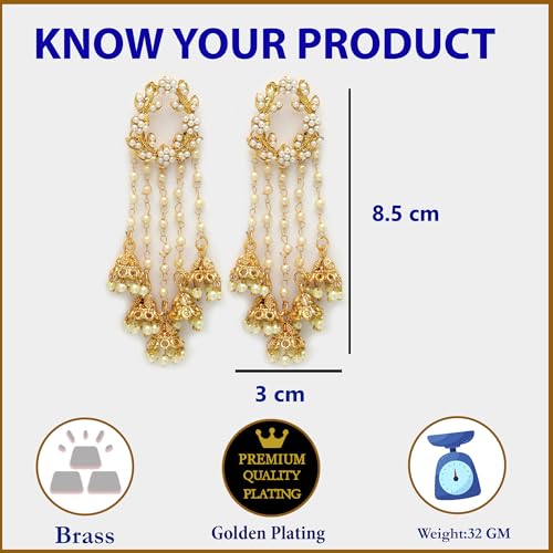 Image of Zeneme Earring Gold Plated Beaded Handcrafted Bahubali Inspired Devsena Jhumka Fringed Dangle Jewellery For Girl And Women