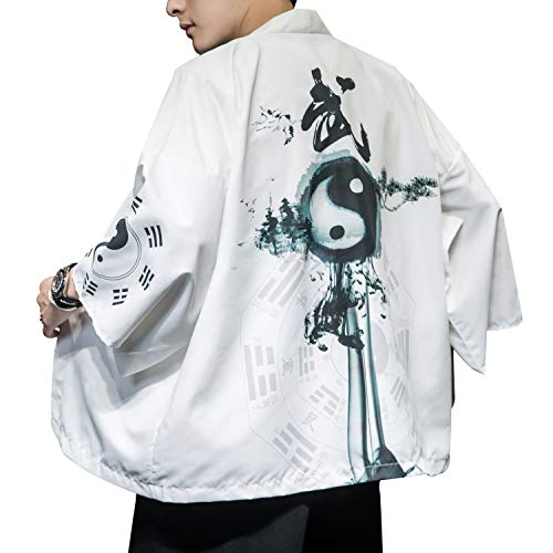 Image of Men's Japanese Kimono Robe Jacket Lightweight 3 /4 Sleeve Open Front Yukata | Silky Smooth Fashion Print Happi Coat Lightweight Breathable Loose Unisex Haori Casual Summer Cardigan Daily Beach Vacation