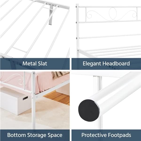 Collage of four images highlighting bed frame features: metal slats, elegant headboard design, ample bottom storage space, and protective footpads.