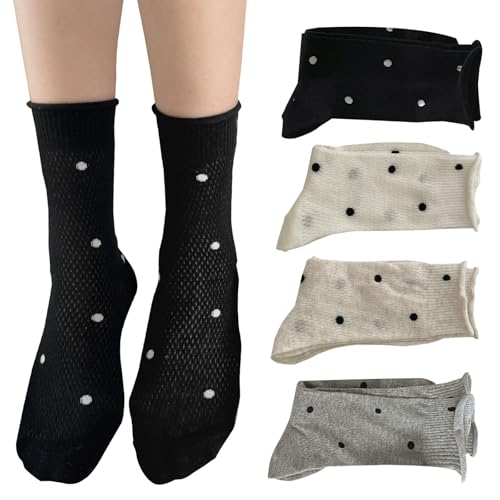 zrylibya Women Cute Roll Top Ankle Socks Breathable Mesh Summer Thin Polka Dots Socks 4 Pairs