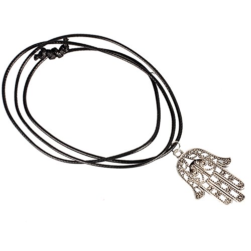 Sannysis Choker Chains Charm Black Leather Cord Necklace (Hand of Fatima)