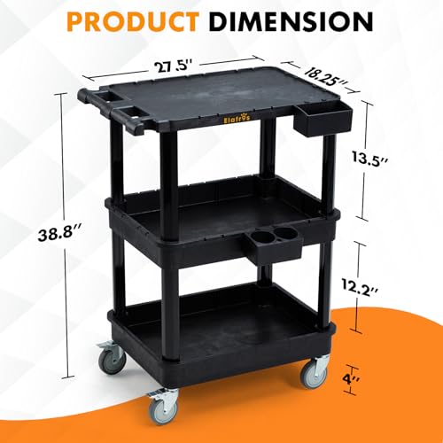 Image of ELAFROS 3-Tier Flat Top & Deep Tub Rolling Utility Cart, 27.5 x 18.25 in | 330 lbs Capacity, Heavy Duty Plastic, 4-Inch Wheels, Service Cart, Work Cart, Storage Organizer, Office Workshop Warehouse