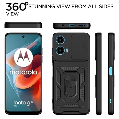 Image of Pikkme Back Cover for Motorola Moto G34 / G45 5G | 360 Protection Case | Sliding Camera Shield Cover & Ring Holder Stand D10 Tough Armor Bumper Case (Black)