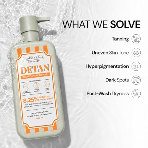 Image of Detan Brightening Body Wash with 8.25% Active Blend | Kojic Acid, Niacinamide, Alpha Arbutin, Salicylic Acid & Charcoal | Tan Removal, Skin Brightening, Dark Spot, Underarm & Body Pigmentation Wash for Women, Men, Boys, Girls & Teens | Sulphate Free | 400ml