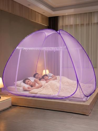 Image of Foldable King Size Mosquito Net | Double Bed Machardani | Durable 30 GSM Polyester Fabric Net Double (6 x 6) feet Bed (Purple)