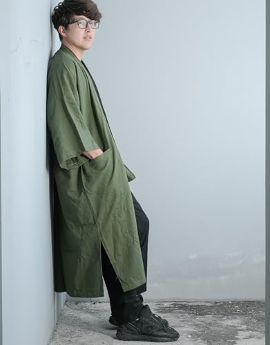 Men\'s Long Cotton Linen Kimono Cardigan Oversized Noragi Jacket Man Haori Summer Yukata Beach Robe (Olive)