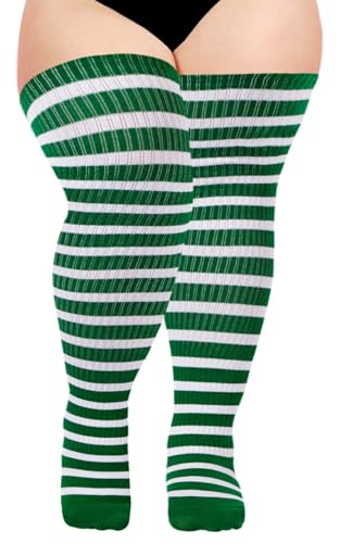 Image of Moon Wood Plus Size Thigh High Socks for Women Knit Cotton Extra Long Striped Over the Knee High Socks Leg Warmers