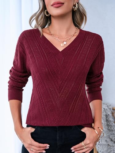Imily Bela Pullover für Damen Herbst Langarm,V-Ausschnitt,Schulterfrei,Leichter Ausgehöhlt Crochet Strickpullover(Weinrot,S)
