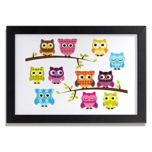 Image de chouettes colorées 30x20 cm sous cadre MDF déco moderne pour salon et bureau