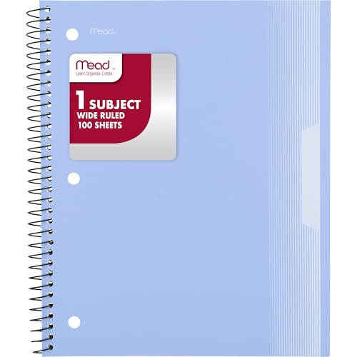 Mead Spiral Notebook, 1 Subject, Wide Ruled Paper, Plastic Cover, 8" x 10-1/2", 100 Sheets, Pastel Blue (930092G)