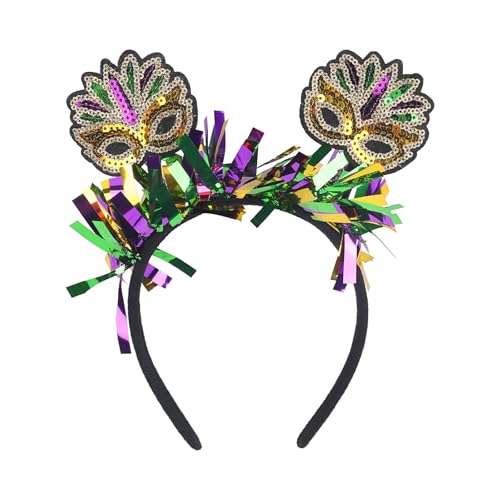 XIELIME Mardi Gras Headband Glitter Sequins Mask Hairband Purple Green Yellow Tassel Head Bopper Carnival Hair Accessories for Women Girls Mardi Gras Festival Headwear Party Favors