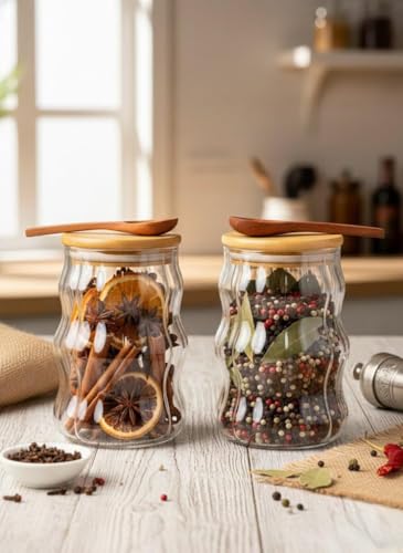 Image of SUANI Air Tight Wave Glass Jar Container with Wooden Lid and Spoon for Home and Kitchen | Odor Free Storage Jar | Jars For Spices, Dry Fruits, Grains and Kitchen Storage, (500Ml) (Pack Of 2)