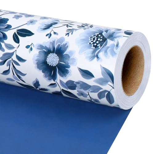 LaRibbons Reversible Blue Floral Wrapping Paper Roll, 17 Inch x 33 Feet (46.7 Sq. Ft), Blue White Peony Design Chinoiserie Gift Wrap for Wedding, Bridal Shower & Birthday