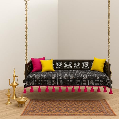 Image of Black Tribal Wooden Swing Seat Cover with Tassels | 2.5 Ft Indian Jhoola Bench Cover for Indoor Outdoor Swing | Solid Wood Swing Jhula Cover for Courtyard, Verandah, Balcony, Living Room Decor