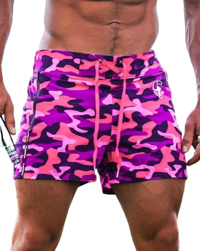Tucann Mens Swim Trunks - Camo Beach Swimming Shorts - Quick Dry Printed Bathing Suits Swimwear with Pockets (Pink Camo, Small)