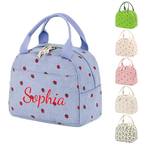 Genérico Bolsa de Almuerzo Personalizada con Nombre Bordado, Bolsa Térmica de Tela para Comida, Diseño de Fresa y Lazo, Ideal para Colegio, Trabajo y Viaje (Fresa morada)