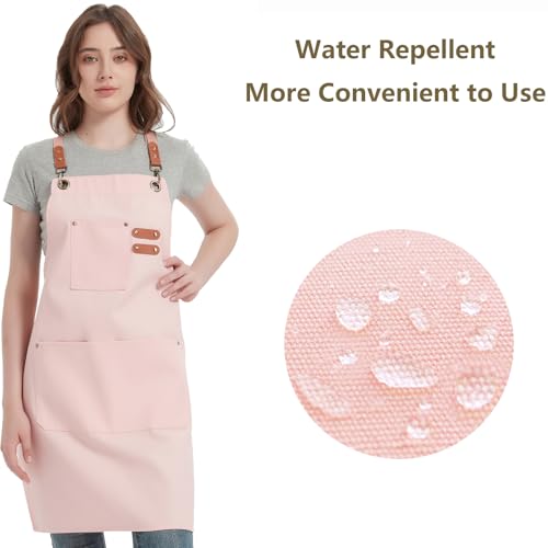 AFUN Chef Aprons for Women Men with Large Pockets, Cotton Canvas Cross Back Water Repellent Work Apron, Size M to XXL (LightPink)