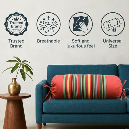 Image of SAJAVAT HOME Ruby Red Cotton Stripe Bolster Cover Set of 3 | 15x30 Inches Machine Woven Side Pillow Covers with Tie Closure for Sofa, Couch & Diwan