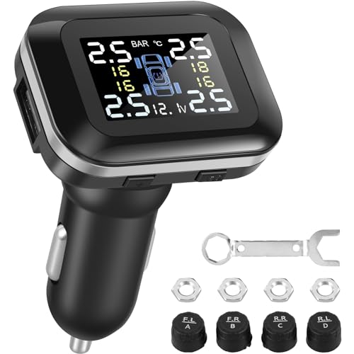 Tire Pressure Monitoring System TPMS Wireless Real-time Tire Pressure Monitor System with 4 External Sensors and 6 Alarm Modes Adjustable Display Angle Tire Pressure Monitor for Car(Black)