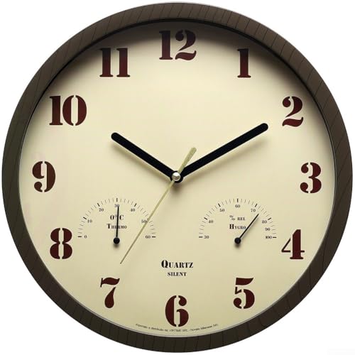 Horloge murale d'extérieur avec thermomètre et hygromètre, 25,4 cm résistante aux intempéries, horloge à quartz silencieuse pour jardin, terrasse, style rustique pour intérieur (marron foncé)