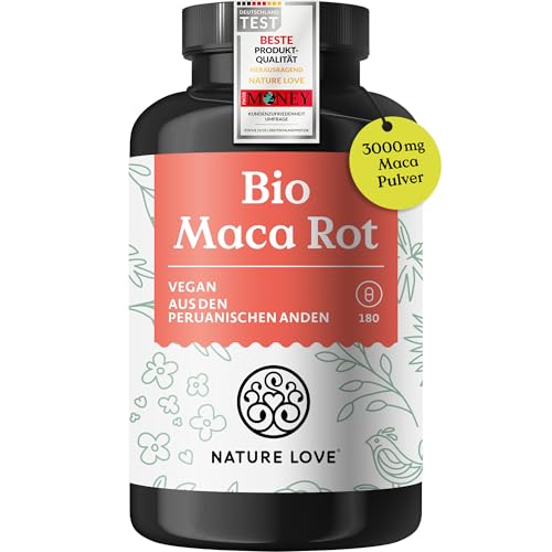 NATURE LOVE® Bio Maca Rot - 180 Kapseln - 3000mg pro Tagesdosis (entspricht 12.000mg Maca Wurzel) - Mit natürlichem Vitamin C - Zertifiziert Bio, hochdosiert, vegan, in Deutschland produziert NATURE LOVE® Bio Maca Rot - 180 Kapseln - 3000mg pro Tagesdosis (entspricht 12.000mg Maca Wurzel) - Mit natürlichem Vitamin C - Zertifiziert Bio, hochdosiert, vegan, in Deutschland produziert