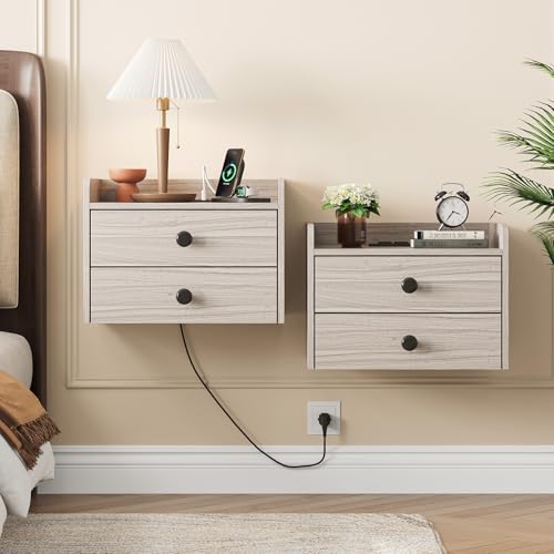 Floating Nightstand Set of 2 with 2 Storage Drawers and Charging Station Wood Wall Mounted Bedside End Table Modern Night Stands Set 2 for Bedroom,Small Space,Grey Black