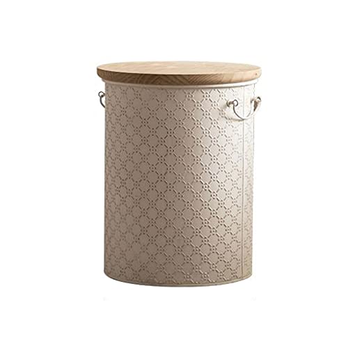 Mesa auxiliar Contenedores de almacenamiento rústicos, mesa auxiliar de granja, mesa auxiliar de metal, taburete pequeño for mesa de centro, asiento otomano con tapa de madera redonda, 15,3x19,3 pulga
