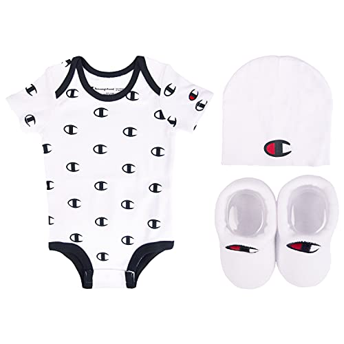 Image of Champion unisex-baby 3-pc Box Set Includes an Infant Body Suit, a Bib Or Hat & Pair of Booties in Colors and Size 0-6m